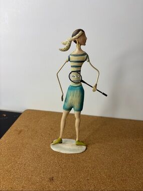 Metal Handcrafted Female Tennis Player Figurine in Teal and Cream 9x3”